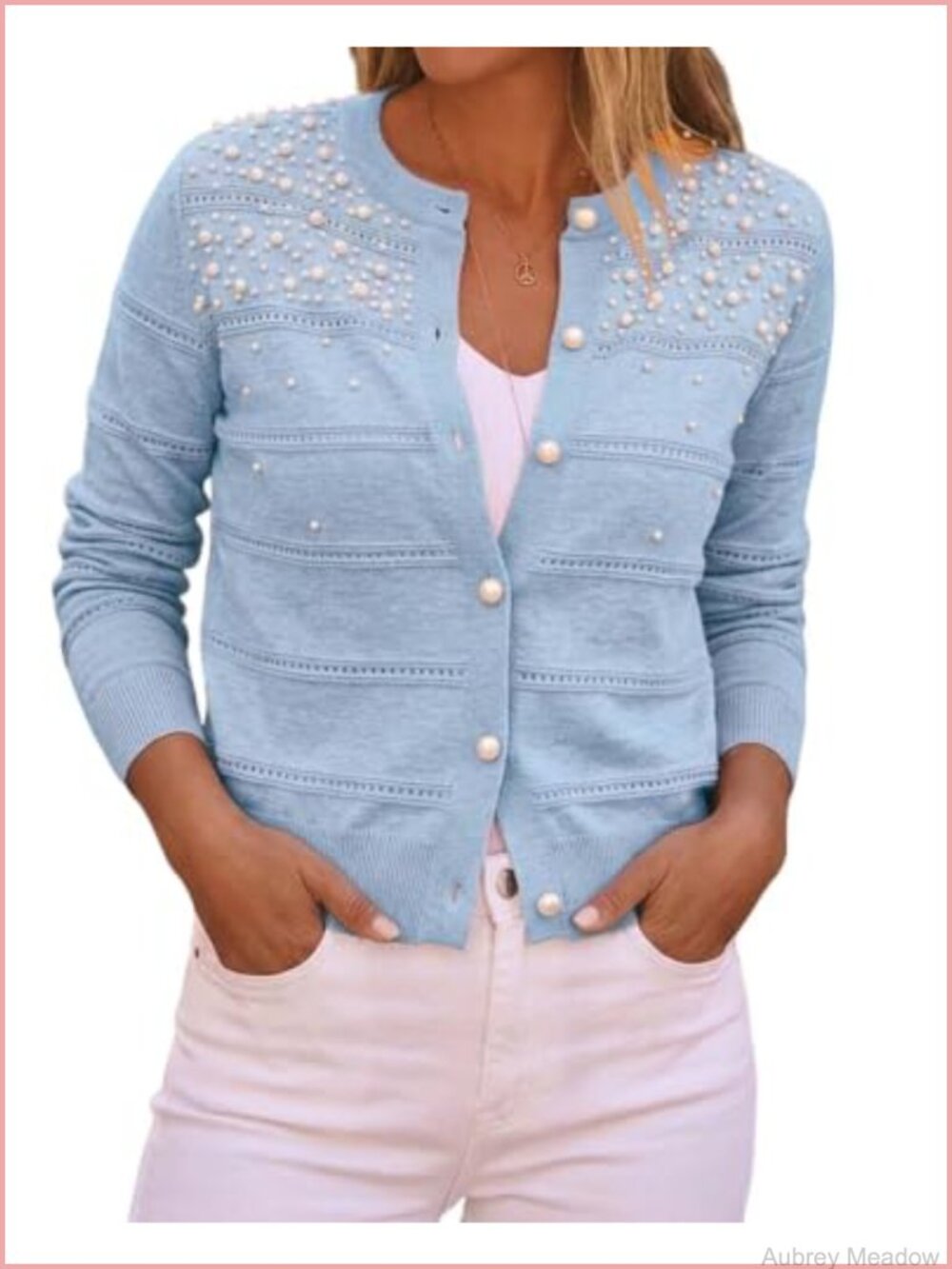 Pearl Beaded Knit Cardigan Long Sleeve Cropped Sweater Crew Neck Button Down